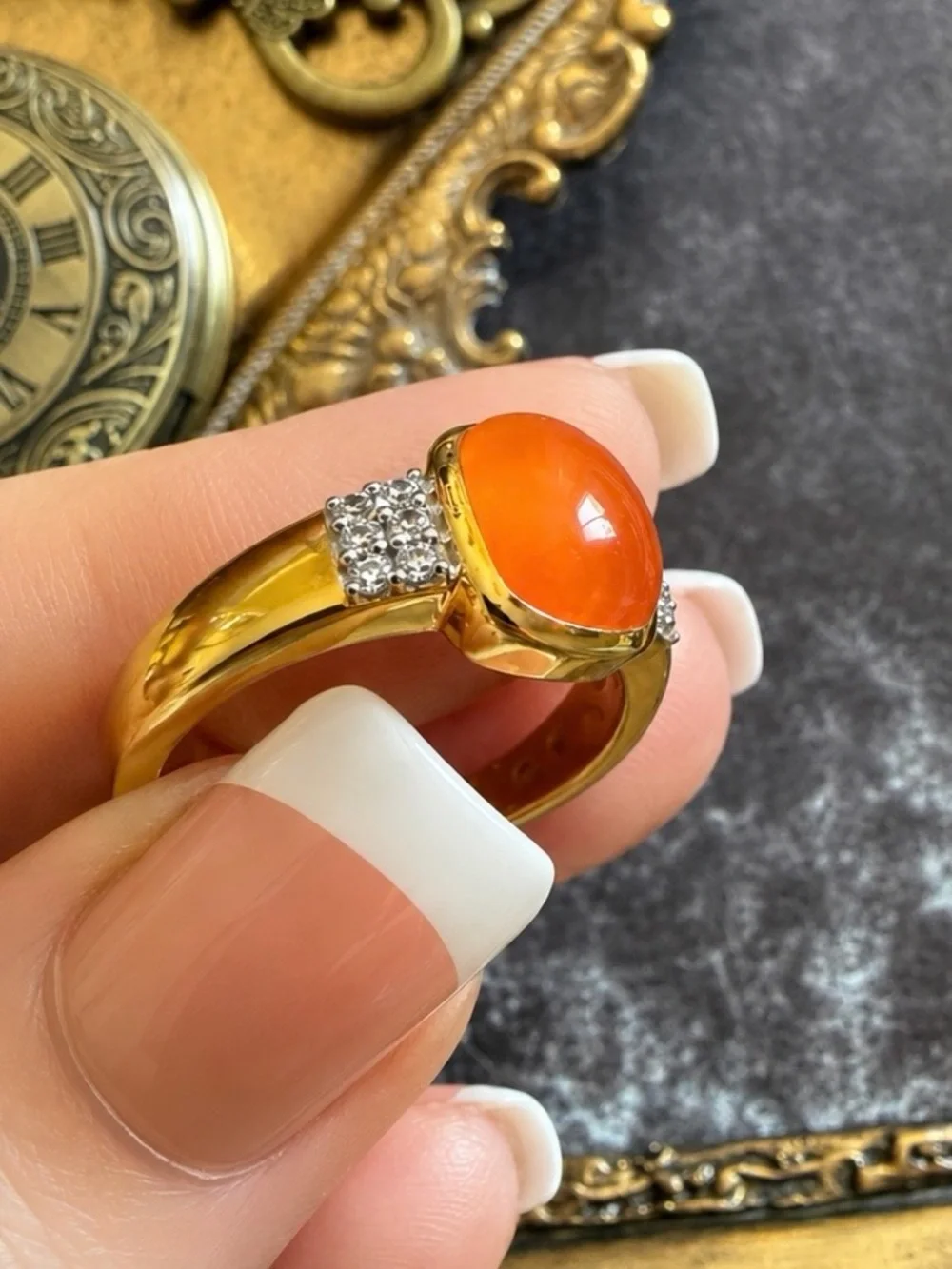 🆕 SONI • Gold Ring Orange Cabochon Crystal Stones Cocktail  Ring